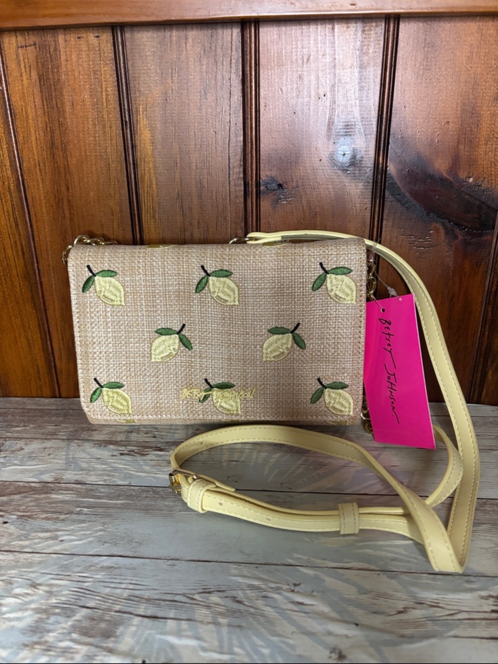 Betsey Johnson Yellow Lemon Embroidered Straw Crossbody Purse